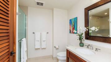 Une salle de bain avec une porte en bois, un lavabo blanc, un miroir et un espace douche.