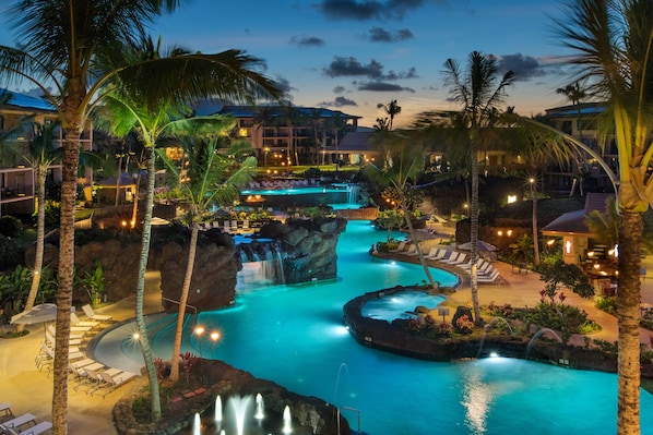 3 outdoor pools, open 7:30 AM to 10:00 PM, cabanas (surcharge)