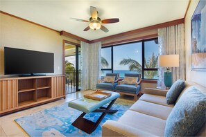 42-inch flat-screen TV with cable channels, Smart TV, Netflix