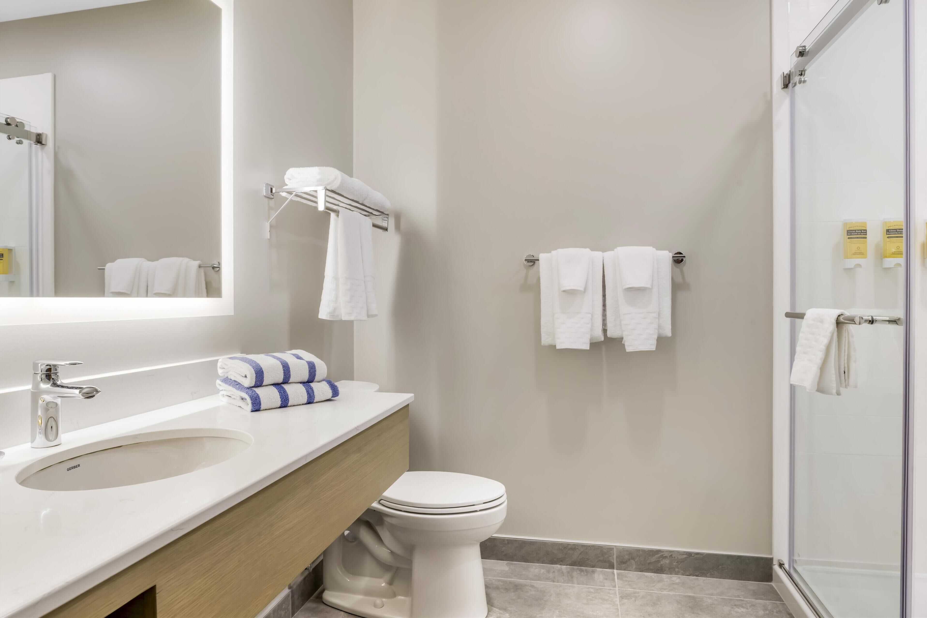 Een moderne badkamer met een wastafel, toilet en douchehoek.
