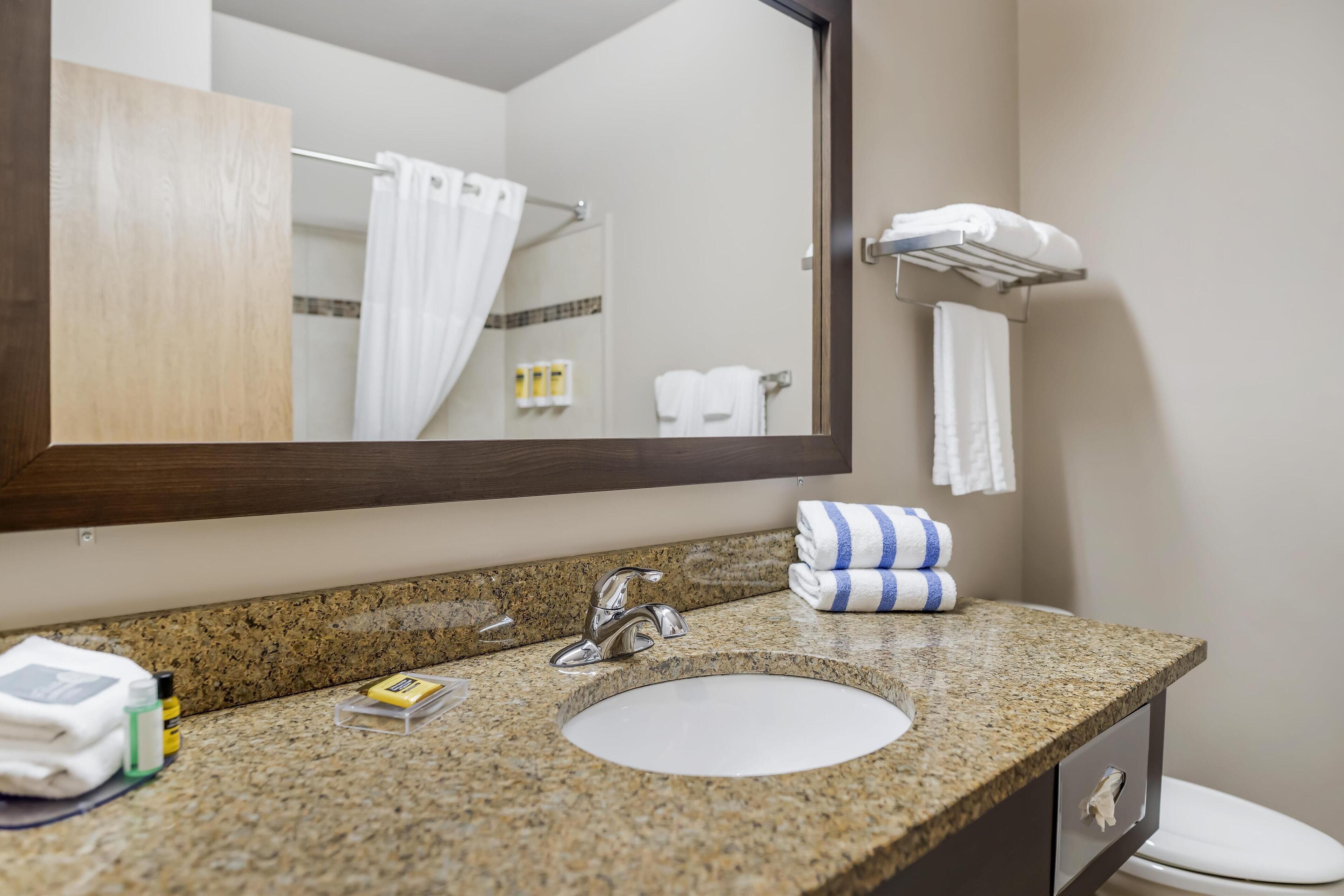 standard room, 2 queen beds, non smoking, refrigerator | bathroom | shower, free toiletries, hair dryer, towels