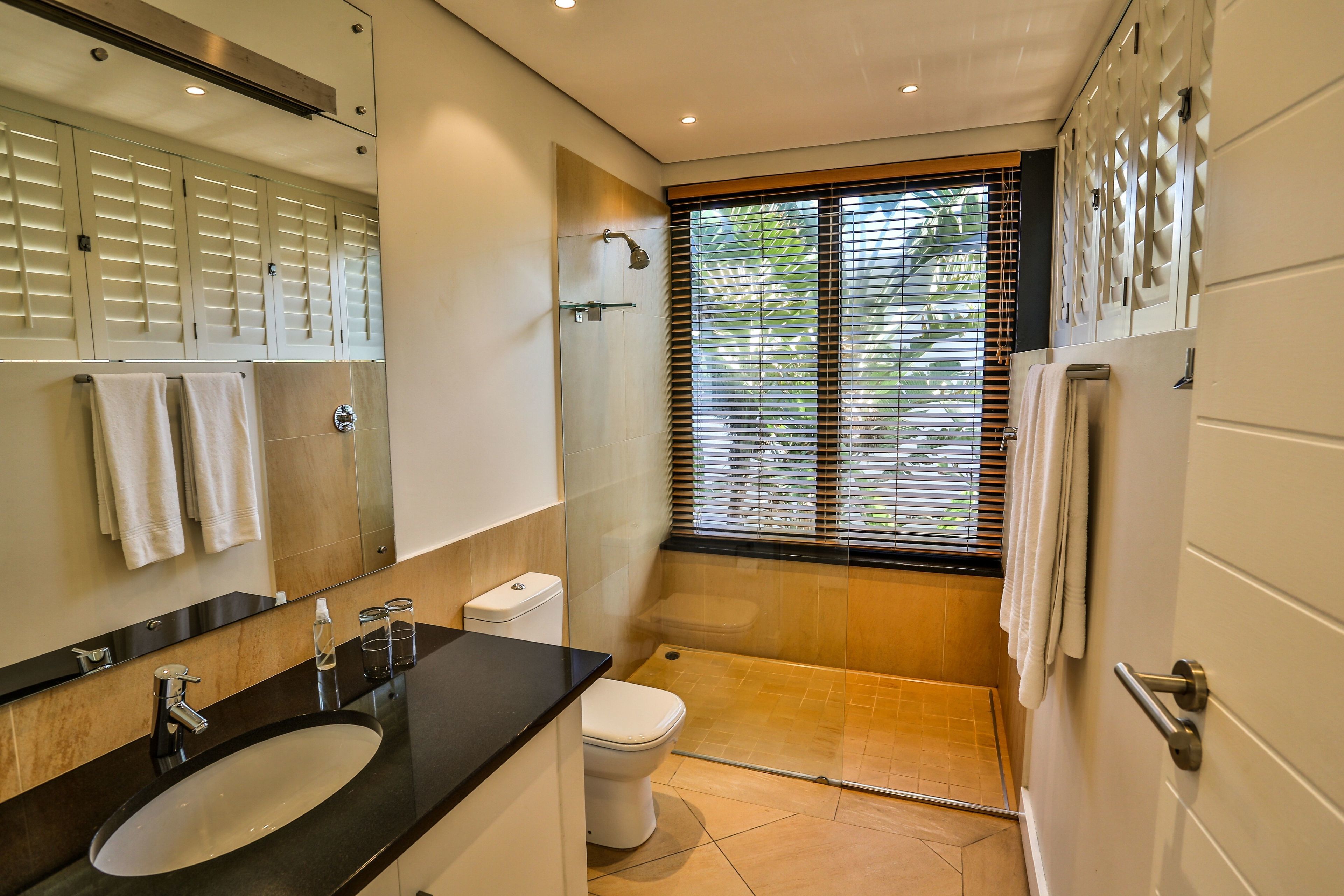 Une salle de bain moderne avec une douche à parois de verre, un grand miroir et un plan de toilette noir.