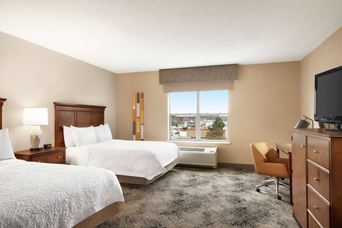 A hotel room with two beds, a desk, a chair, a TV, and a window with a city view.