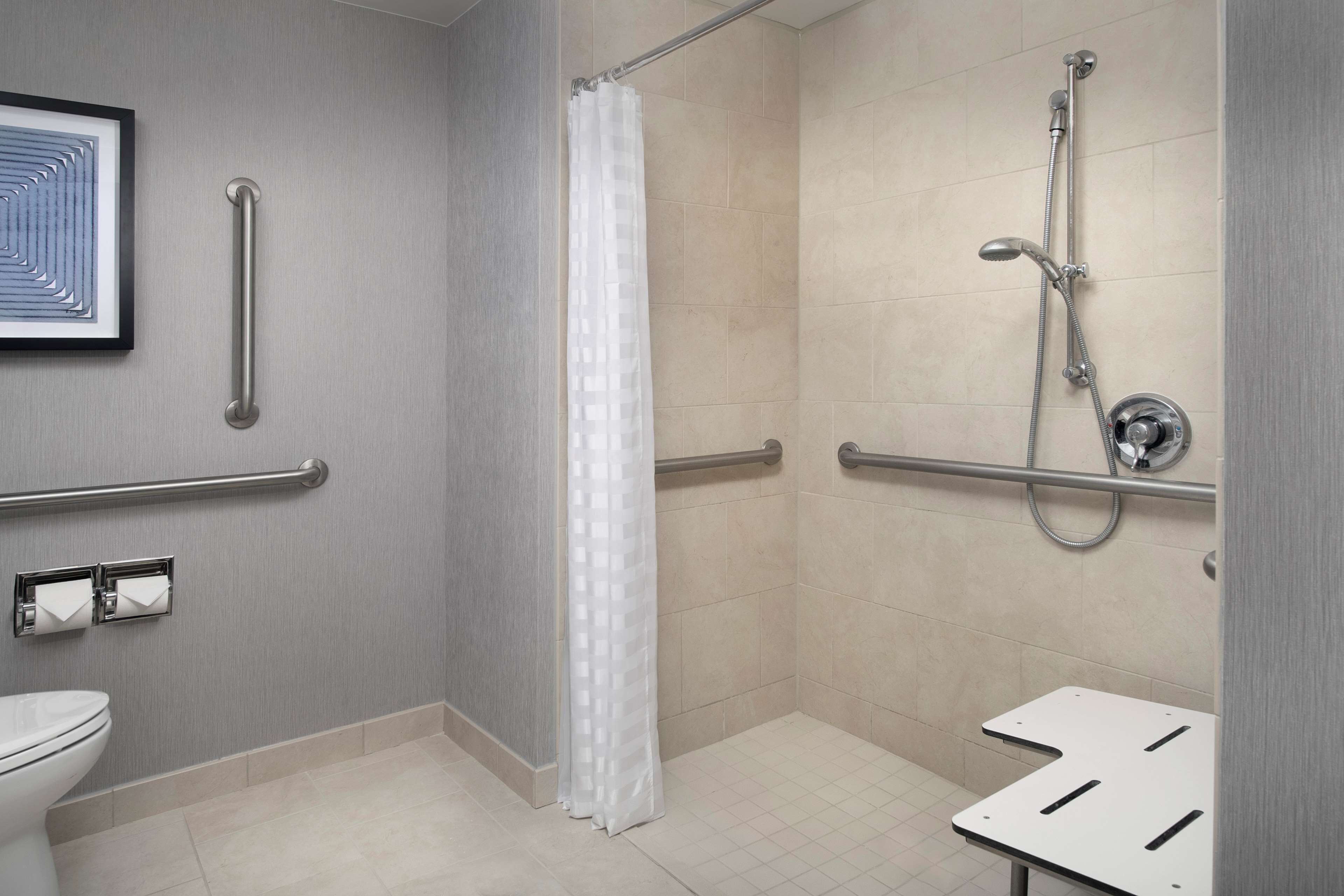 A modern bathroom with a shower, toilet, and grab bars.