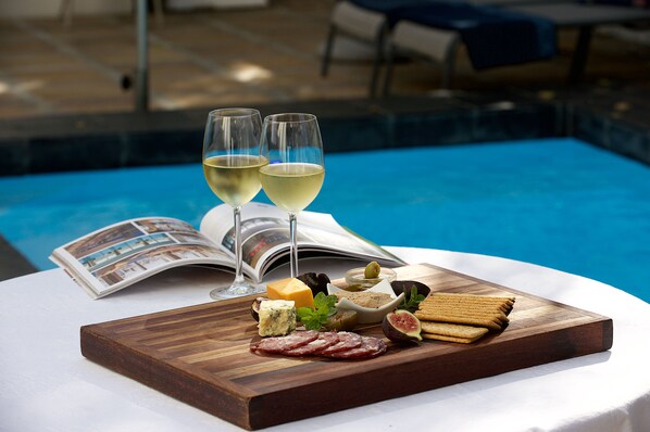 Outdoor pool, pool umbrellas, pool loungers