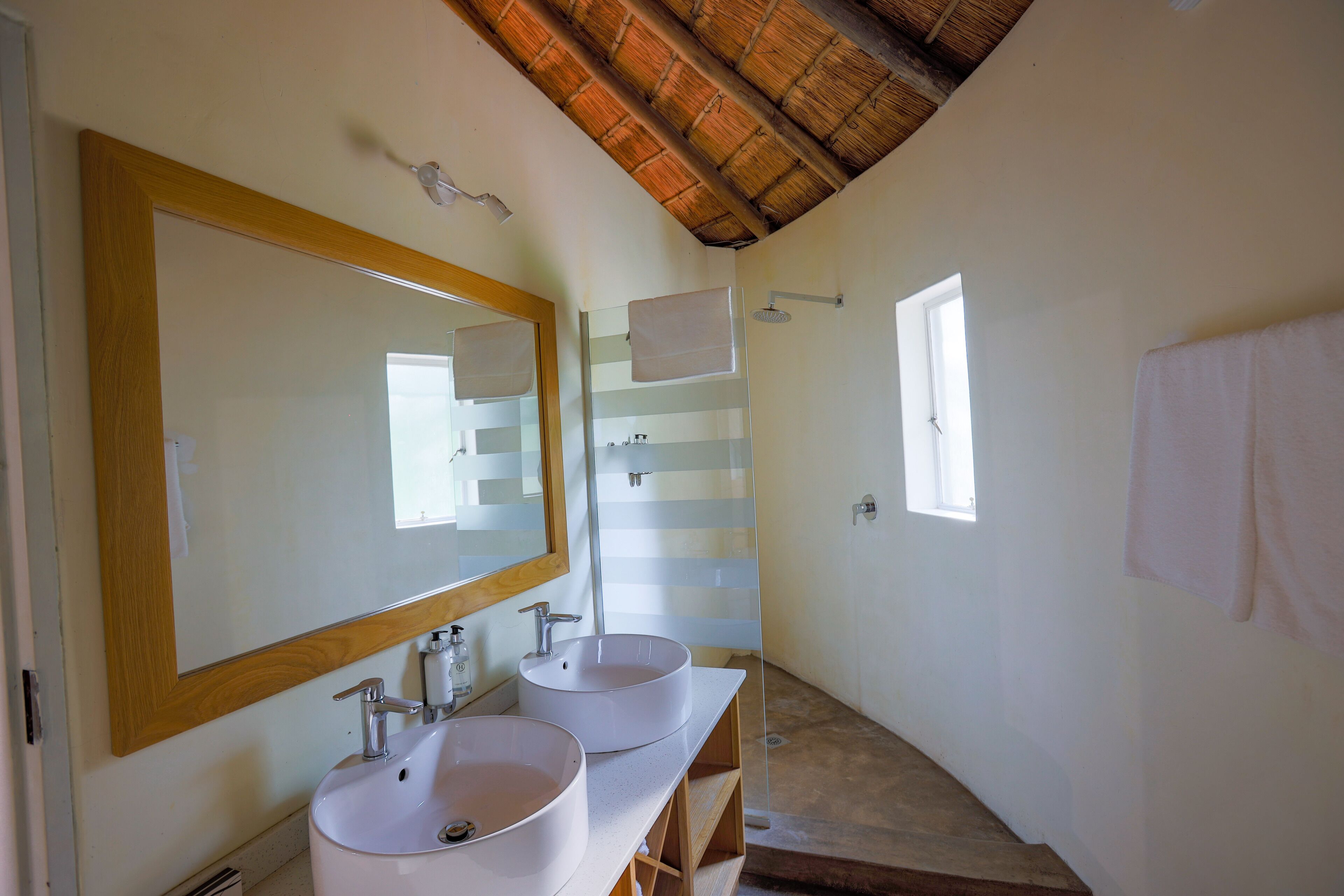 Une salle de bain avec deux lavabos, un grand miroir et une douche.