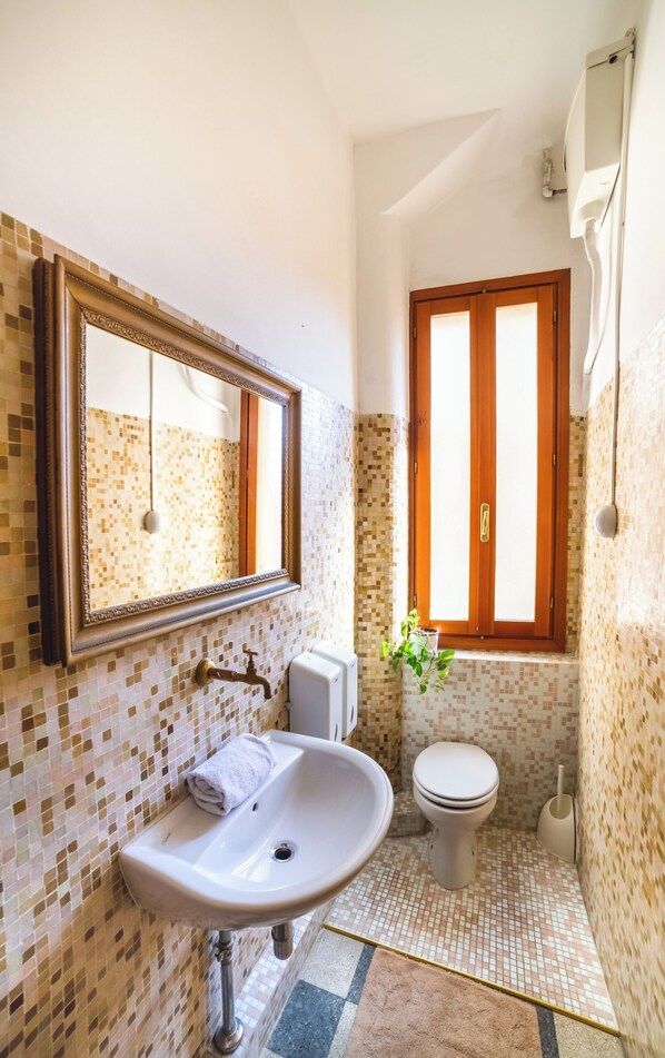 Baño con lavamanos, inodoro y espejo.
