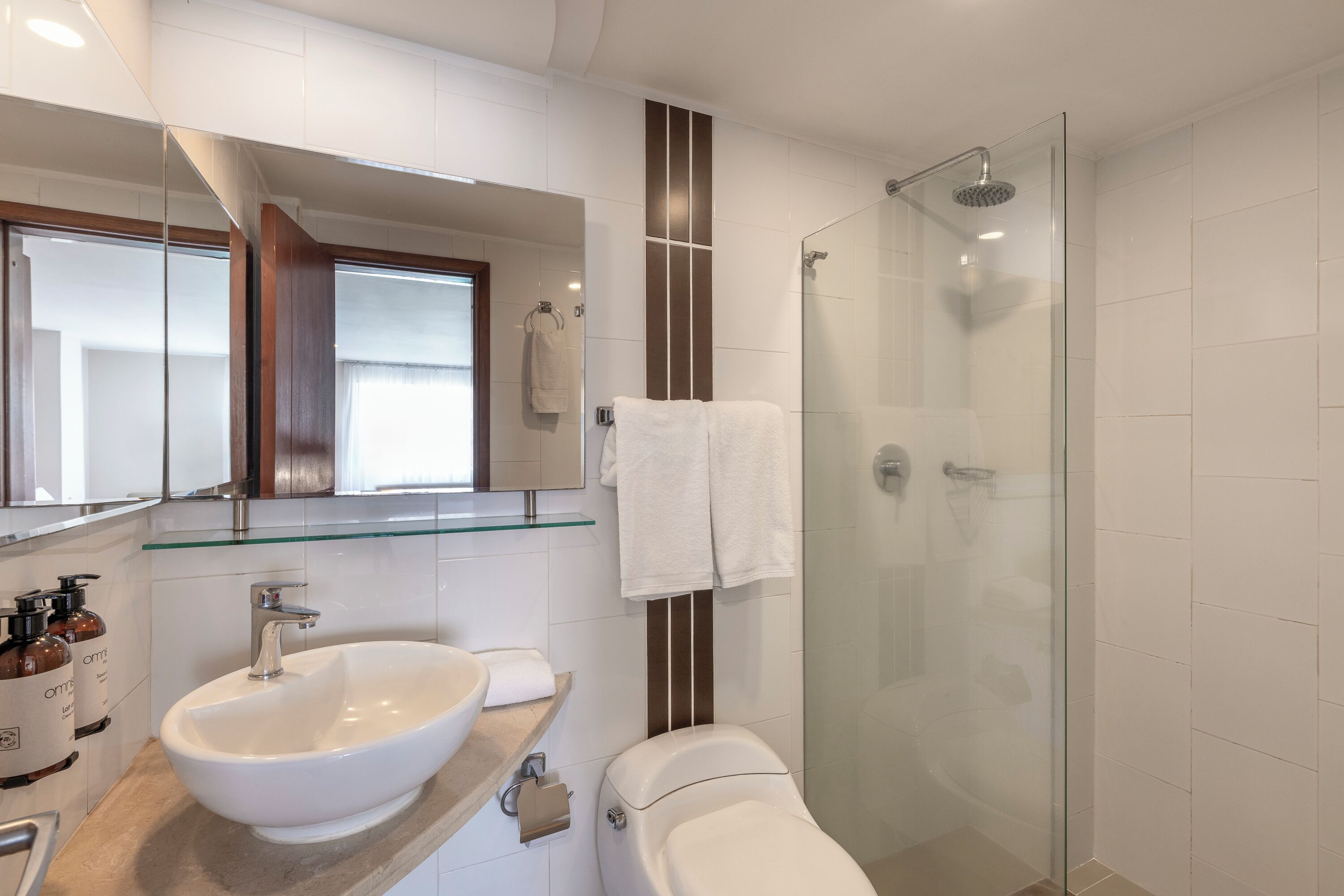 shower, free toiletries, hair dryer, towels