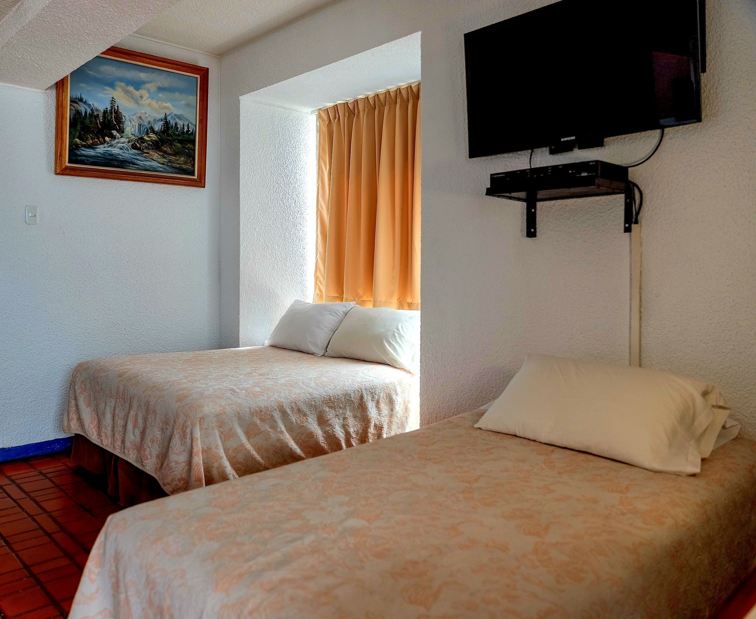 Dos camas con ropa de cama floral a juego, un cuadro de un paisaje montañoso y un televisor montado en la pared.