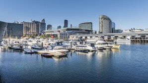 A marina with various boats docked, surrounded by modern buildings and a clear sky. - AKOM AT Docklands (Docklands)