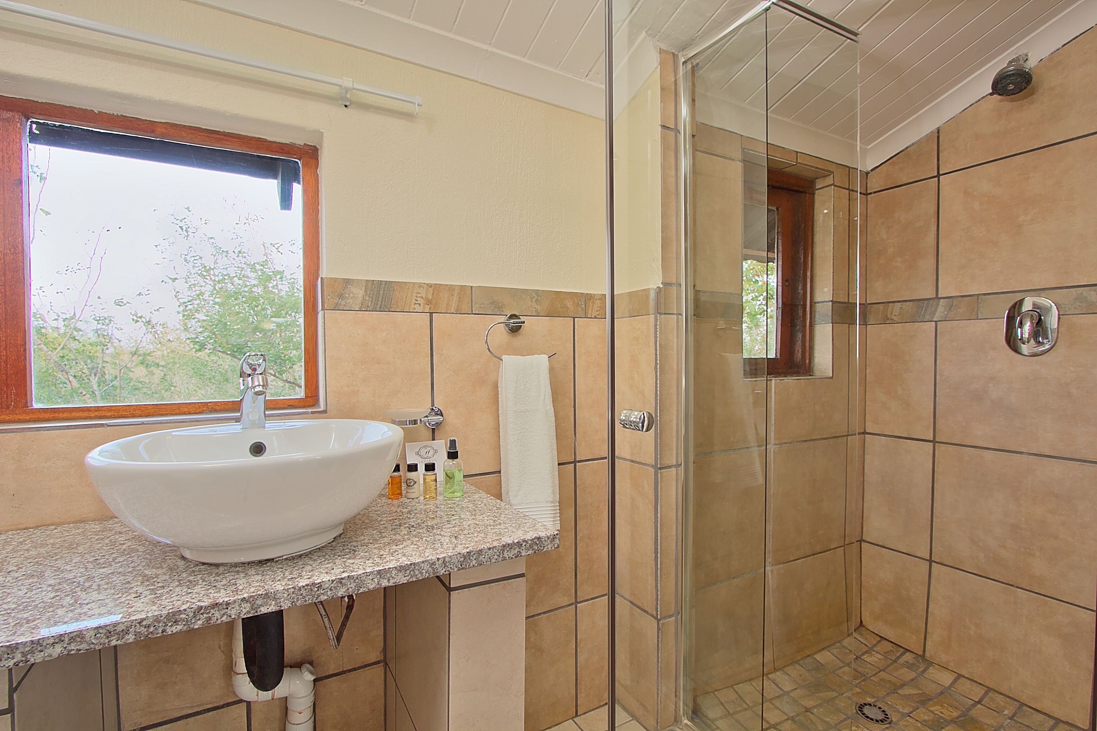 A bathroom with a large sink, a glass shower enclosure, and a window with a view of trees.