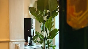 Ein Flur mit einer großen Pflanze, einem Schrank und einer Tür.