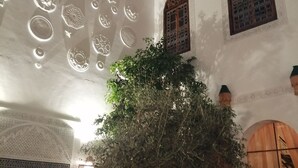 A room with a large tree, ornate ceiling, and traditional wooden doors. - Riad Attarine (Fes)