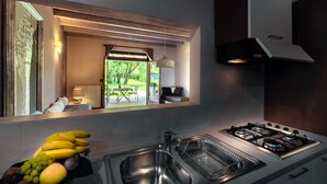 A modern kitchen with a gas stove, stainless steel sink, and a fruit bowl on the counter.