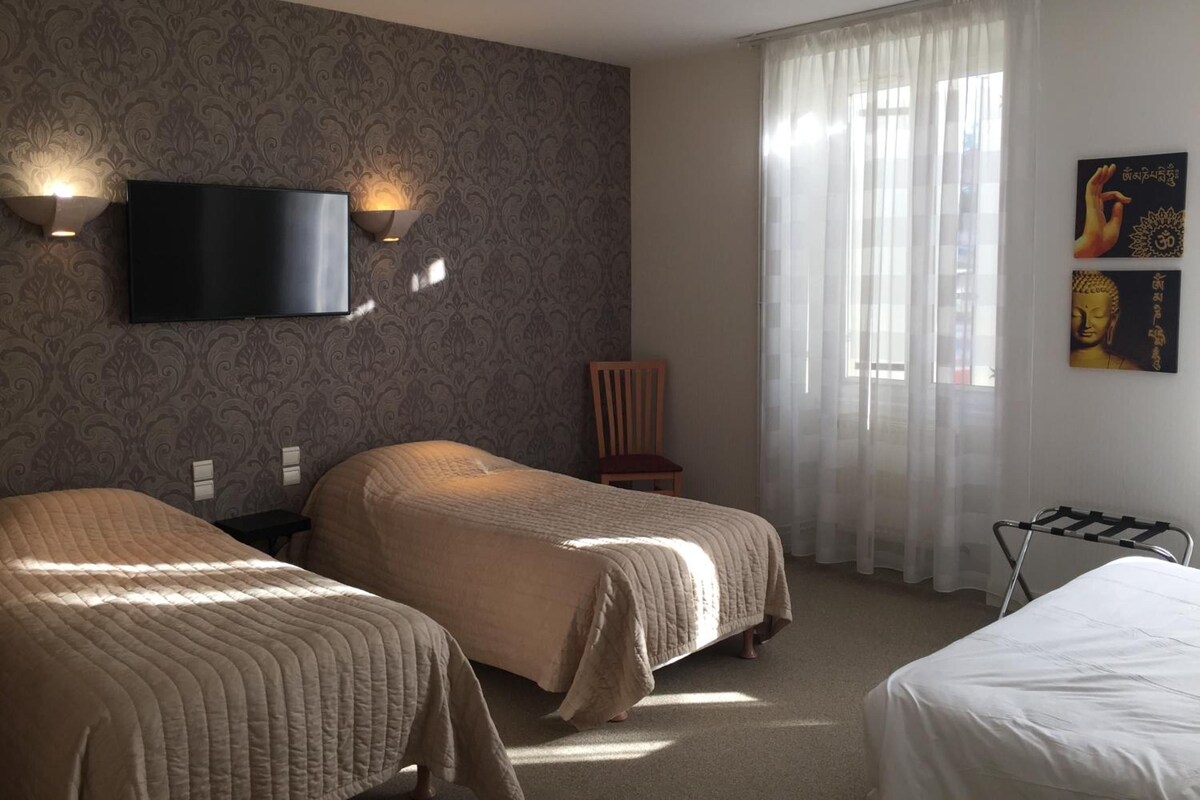 Habitación de hotel con dos camas, un televisor de pantalla plana, una silla y un ventanal con cortinas translúcidas.