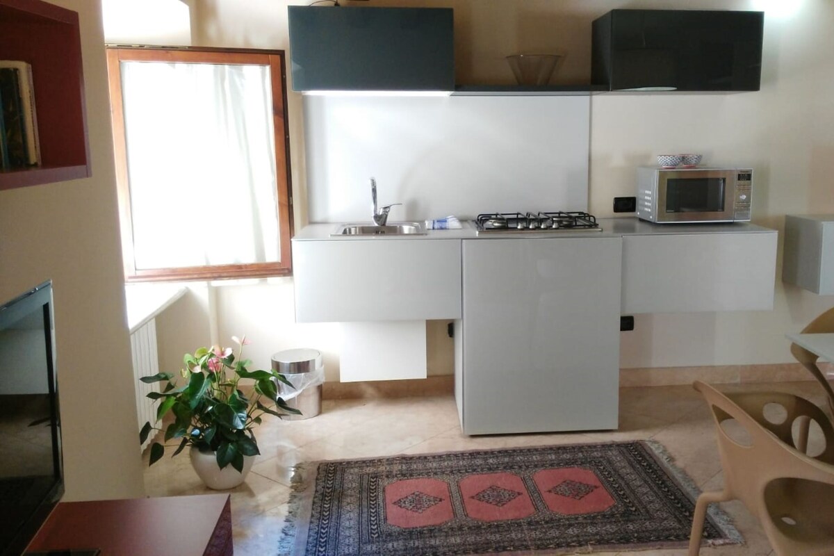 Een compacte keuken met een gasfornuis, magnetron en witte kasten. Een eettafeltje met stoelen is zichtbaar, samen met een potplant en een tapijt met patroon.