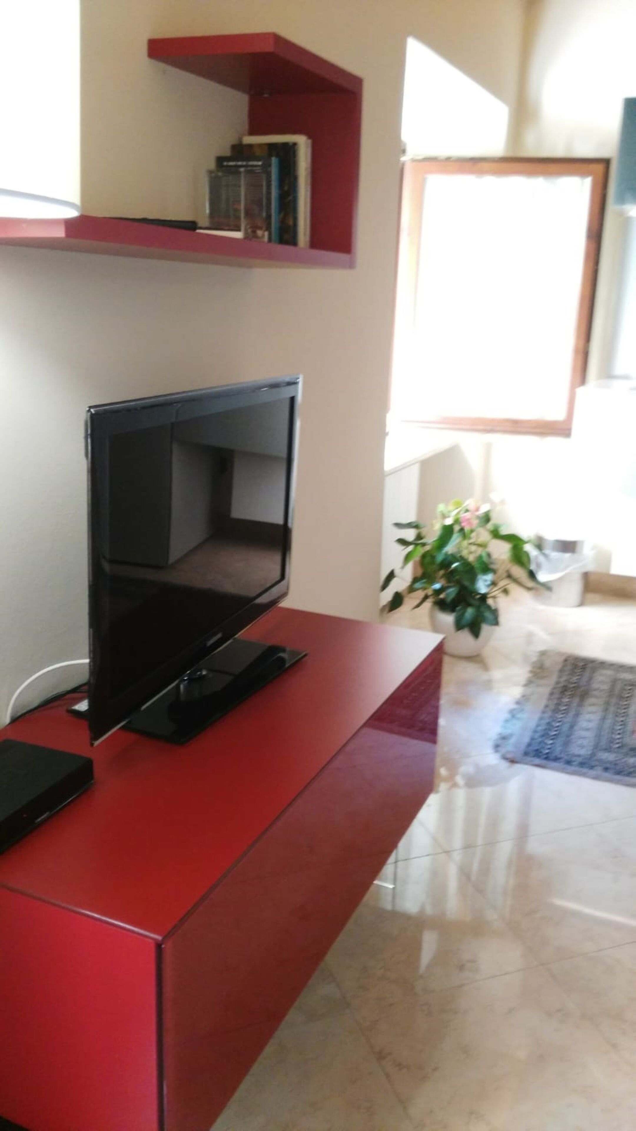 A modern living room with a flat-screen TV on a red cabinet, a bookshelf with books, and a potted plant.