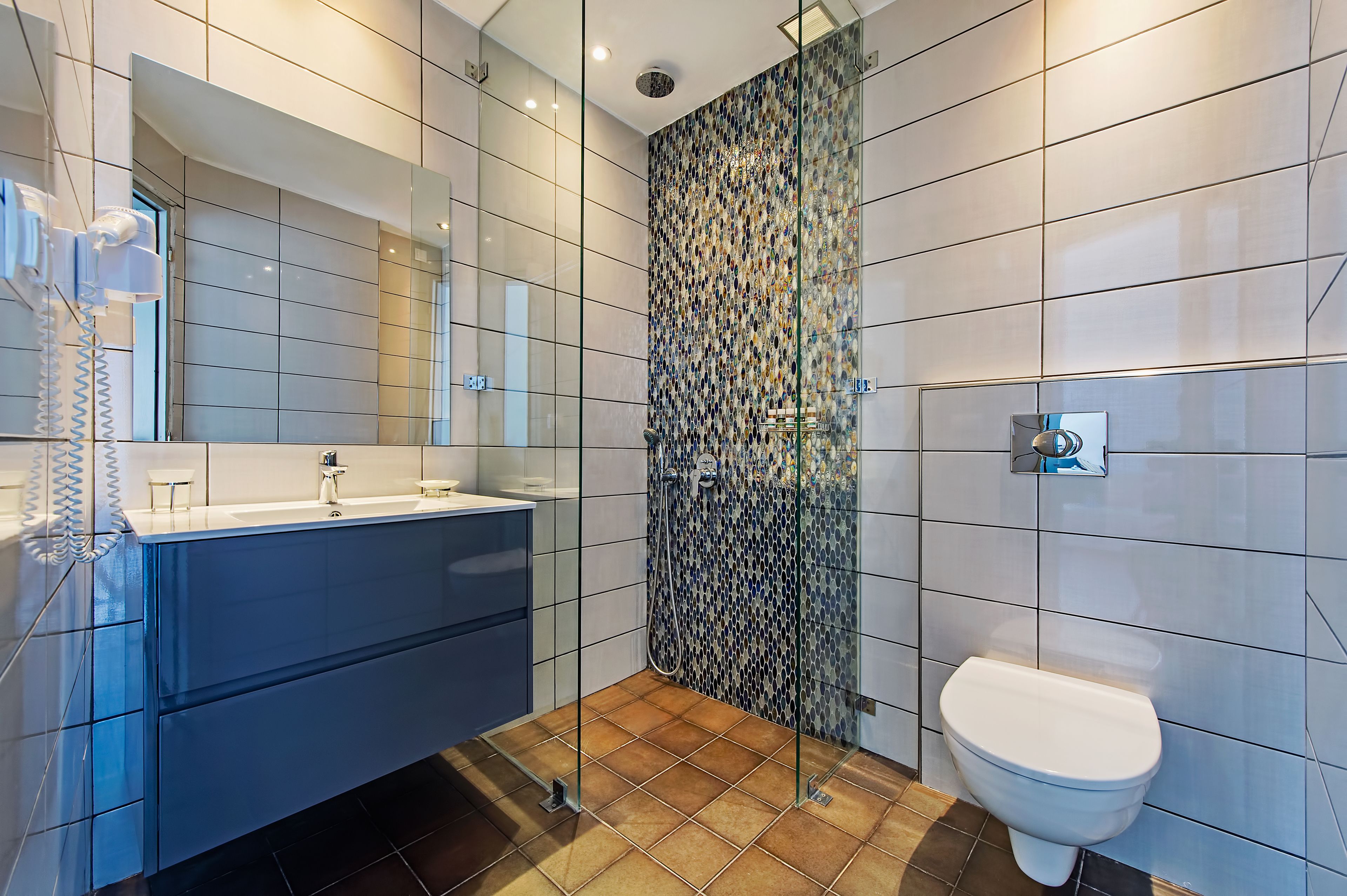 shower, free toiletries, hair dryer, towels