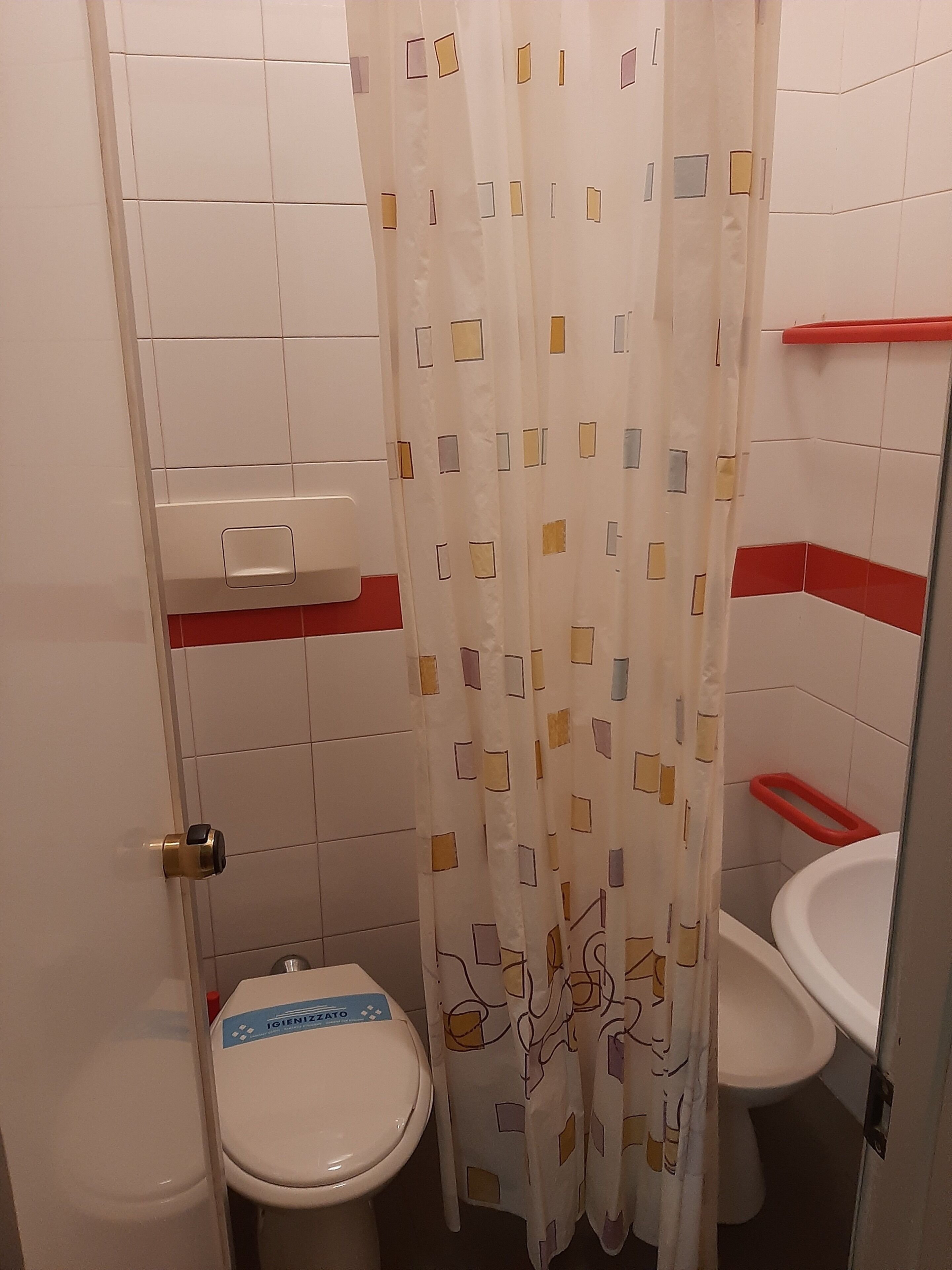 Une salle de bain équipée de toilettes, d’un lavabo et d’un rideau de douche à motifs géométriques.