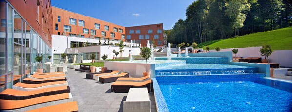 2 indoor pools, outdoor pool, pool umbrellas, pool loungers