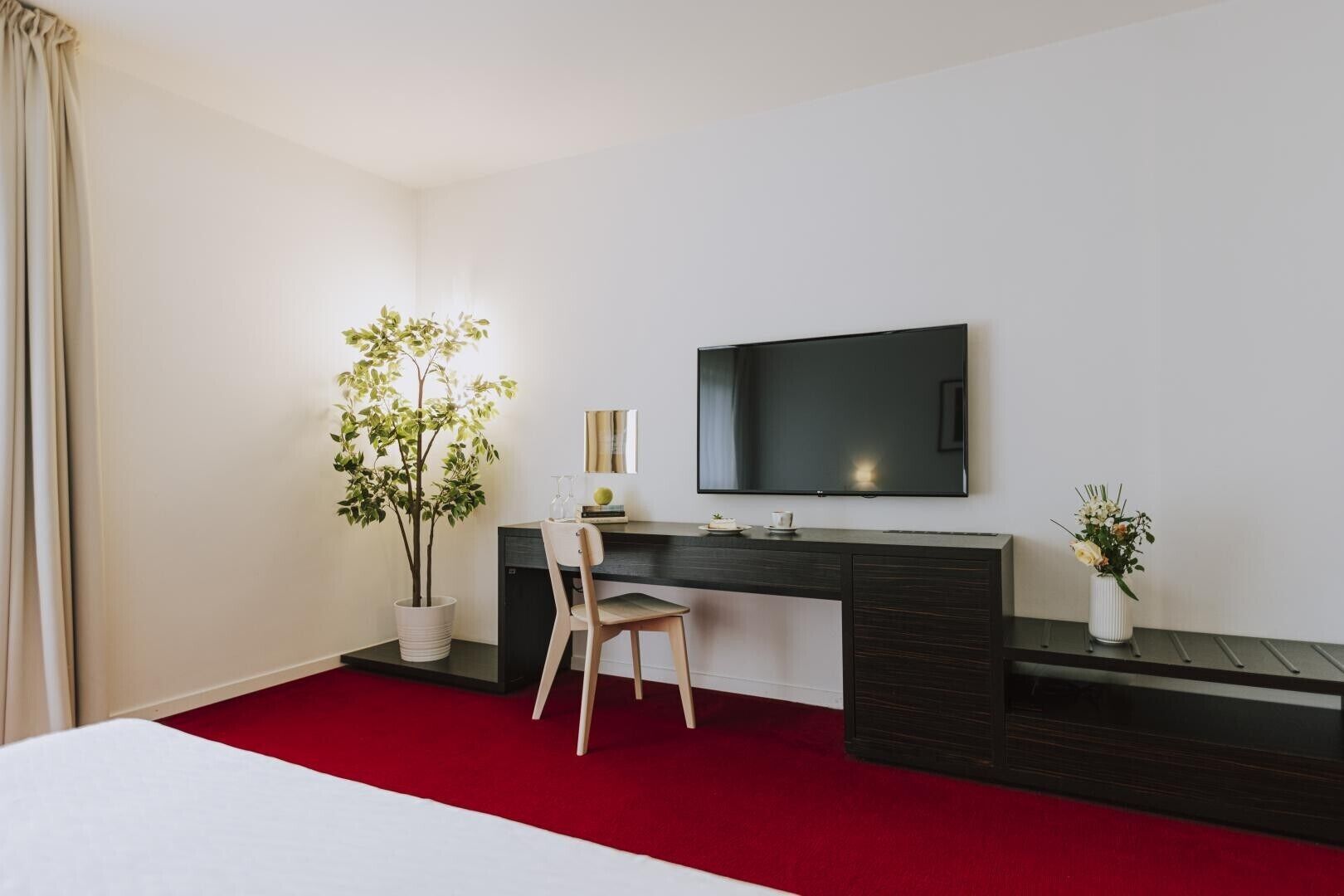 A hotel room with a bed, a desk with a chair, a TV, a potted plant, and a red carpet.