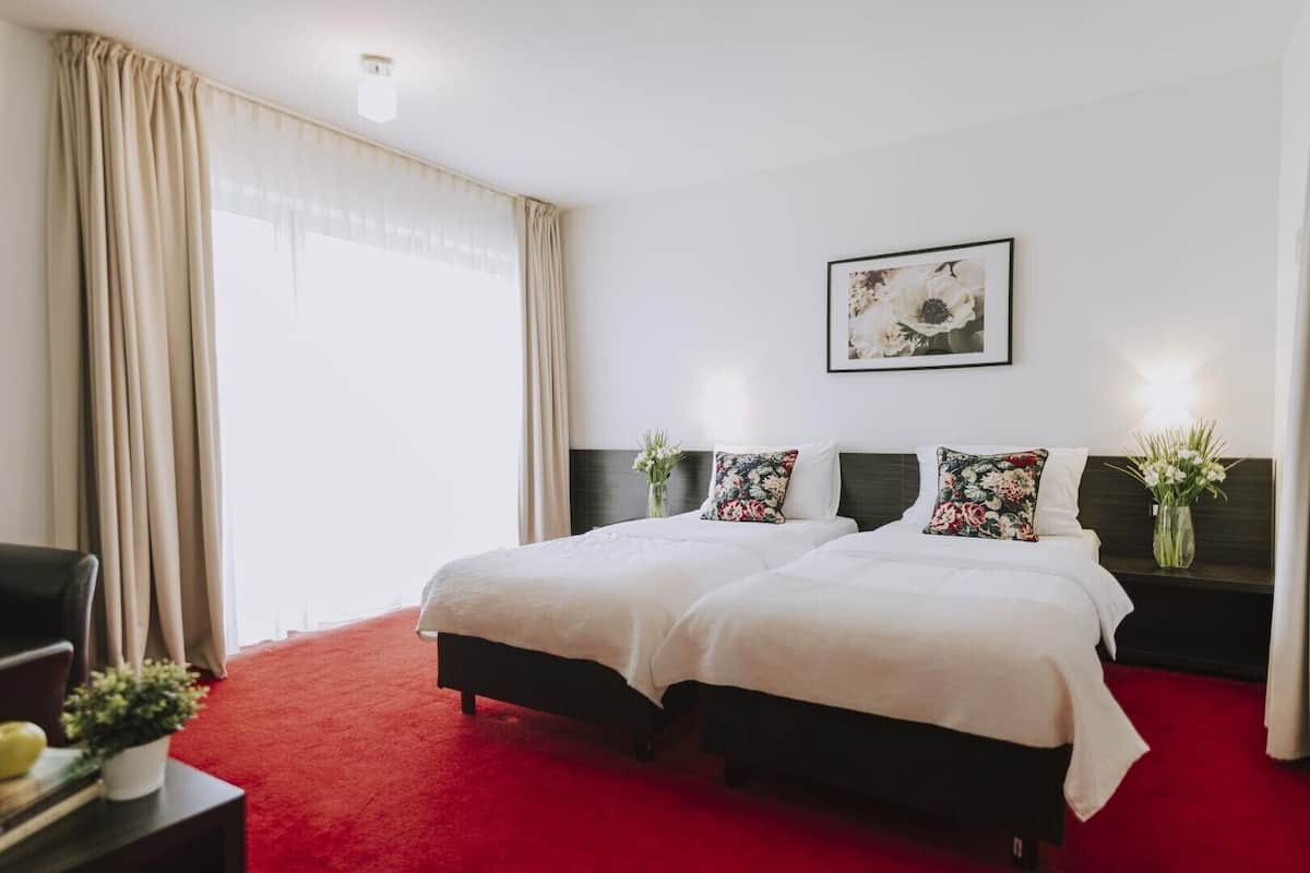A hotel room with a double bed, two pillows, a nightstand, a chair, a red carpet, a window with curtains, and a framed picture on the wall.