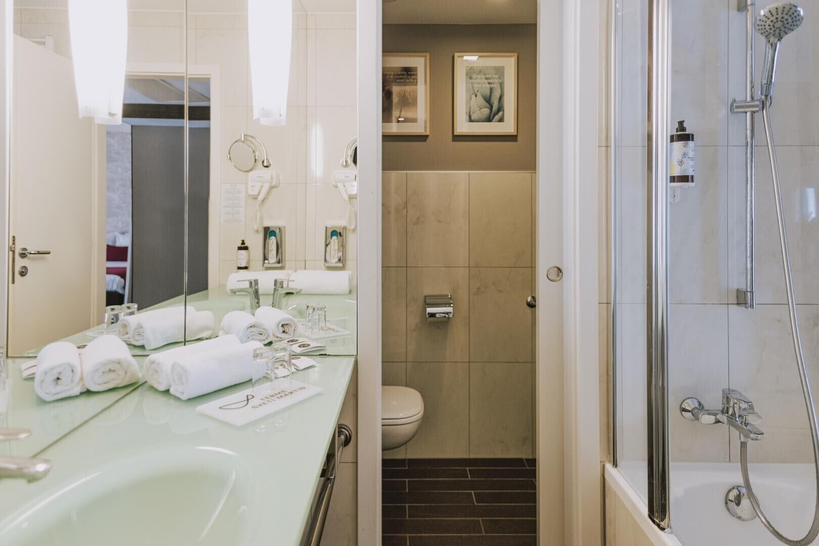 combined shower/bathtub, free toiletries, hair dryer, slippers