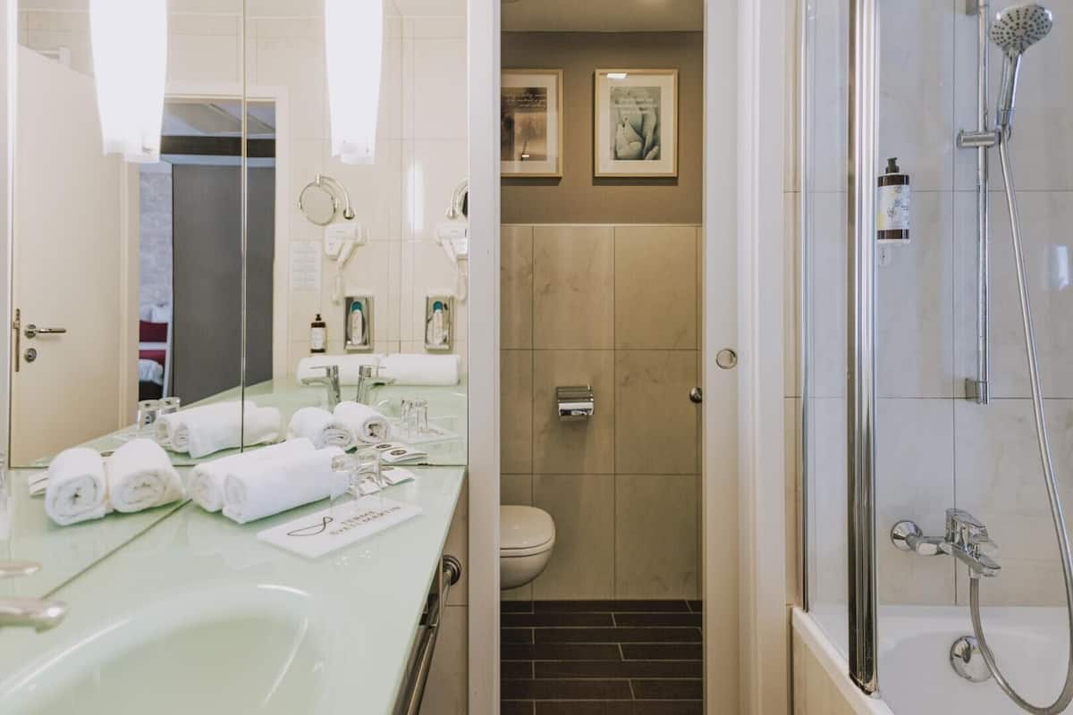 combined shower/bathtub, free toiletries, hair dryer, slippers