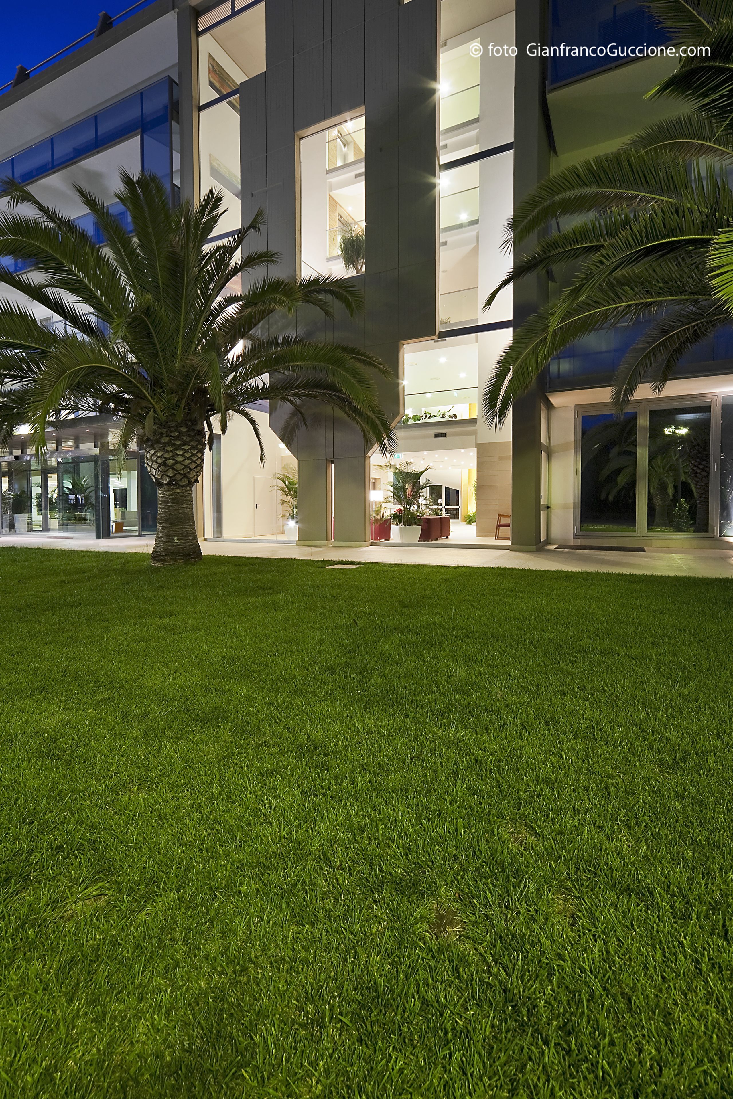 Un edificio moderno con puertas de vidrio, césped cuidado y una palmera.