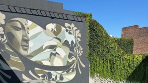 Zona de piscina con sillas de descanso y un mural decorativo.