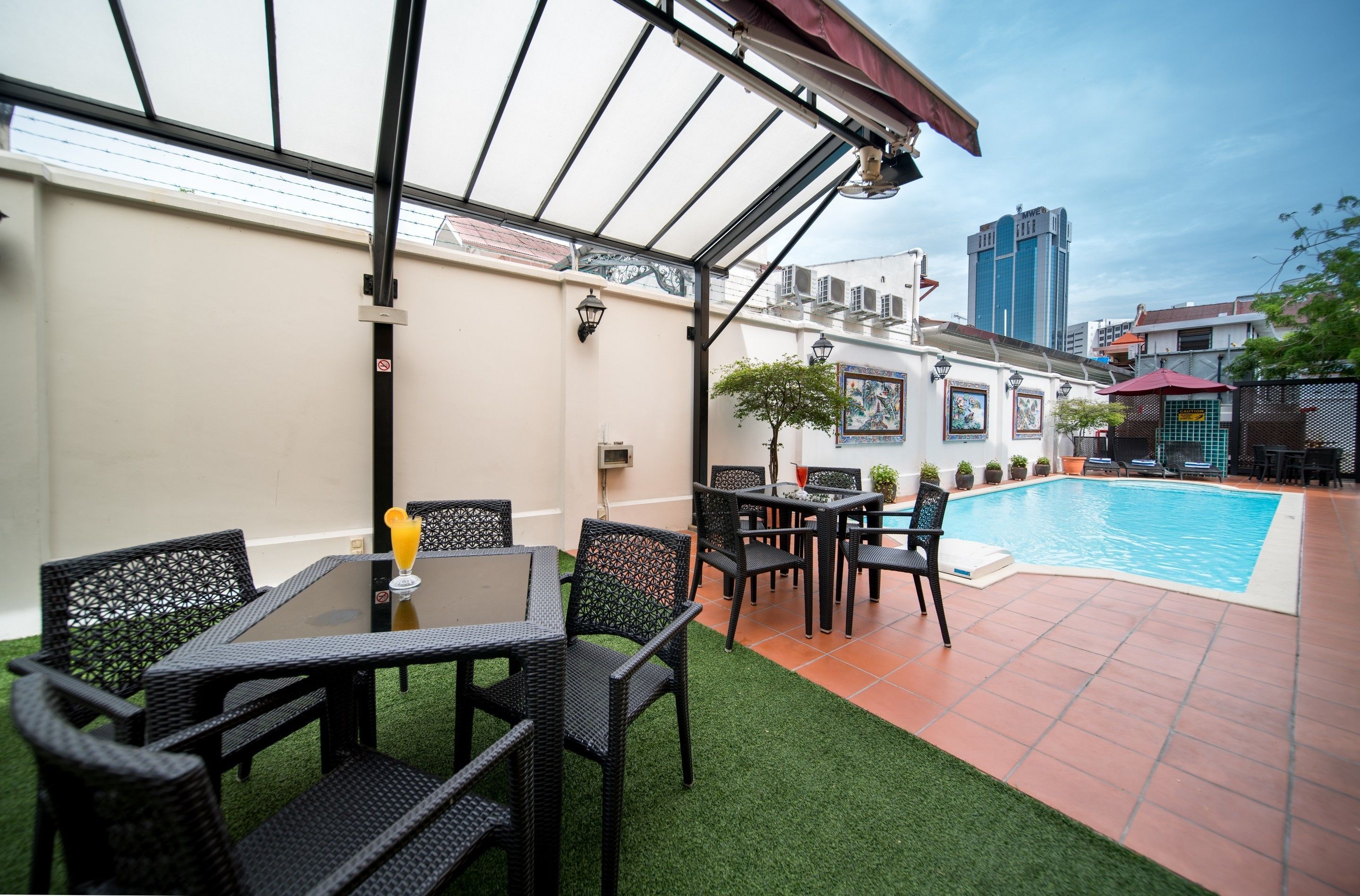 outdoor pool, pool umbrellas, pool loungers