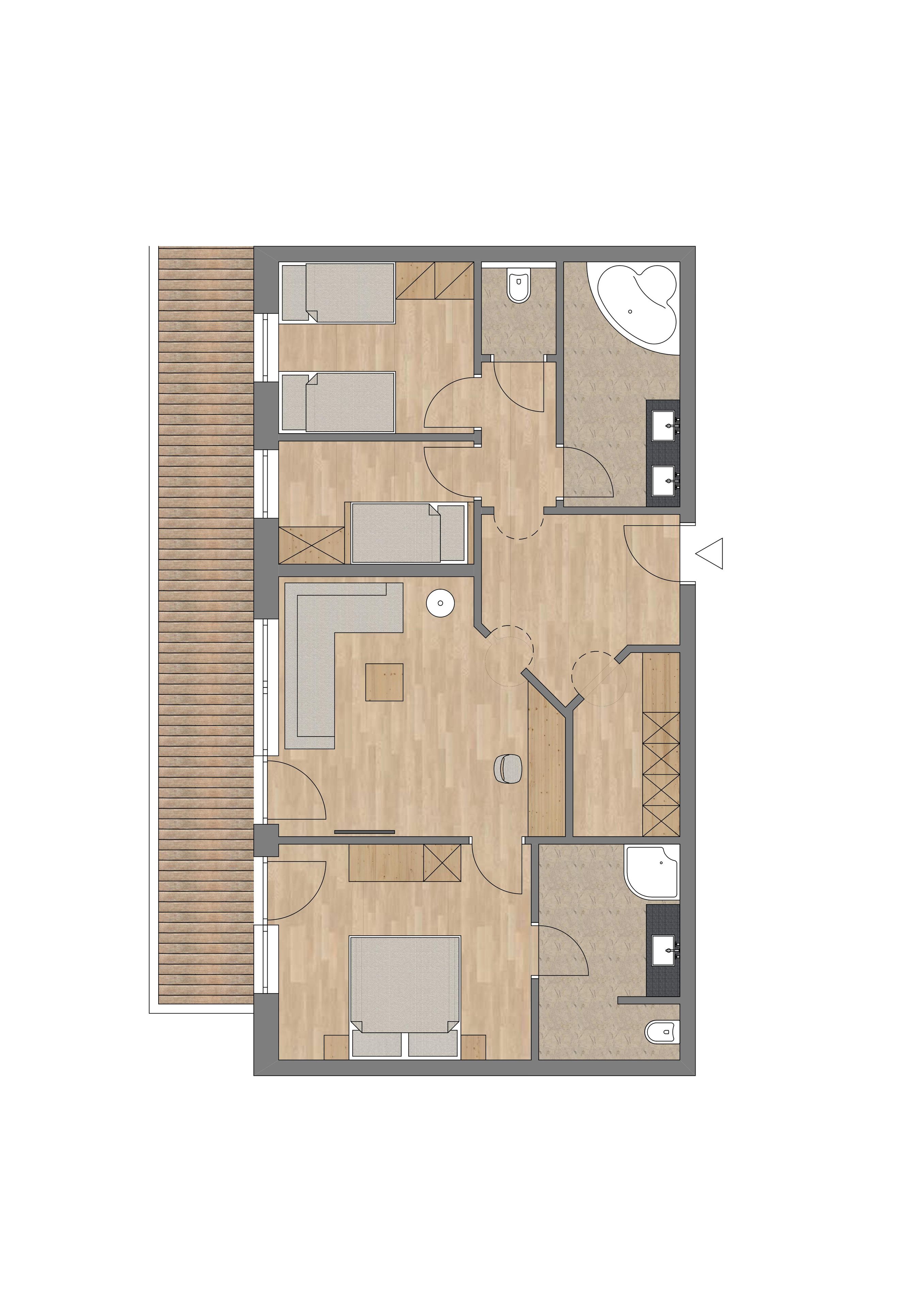 A floor plan of a hotel room with a wooden deck, a living area with a sofa and a coffee table, a kitchen area, a bathroom, and a small balcony.
