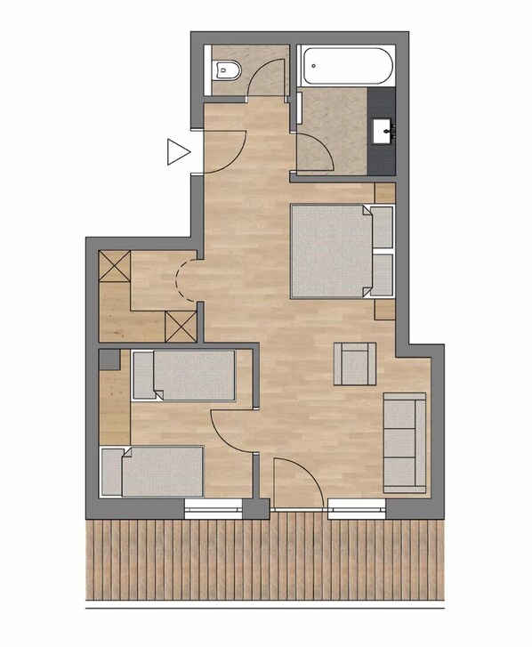A floor plan of a hotel room with a bathroom, a sitting area, a bed, and a small kitchenette. - Familienparadies Sporthotel Achensee - All Inclusive (Achenkirch)
