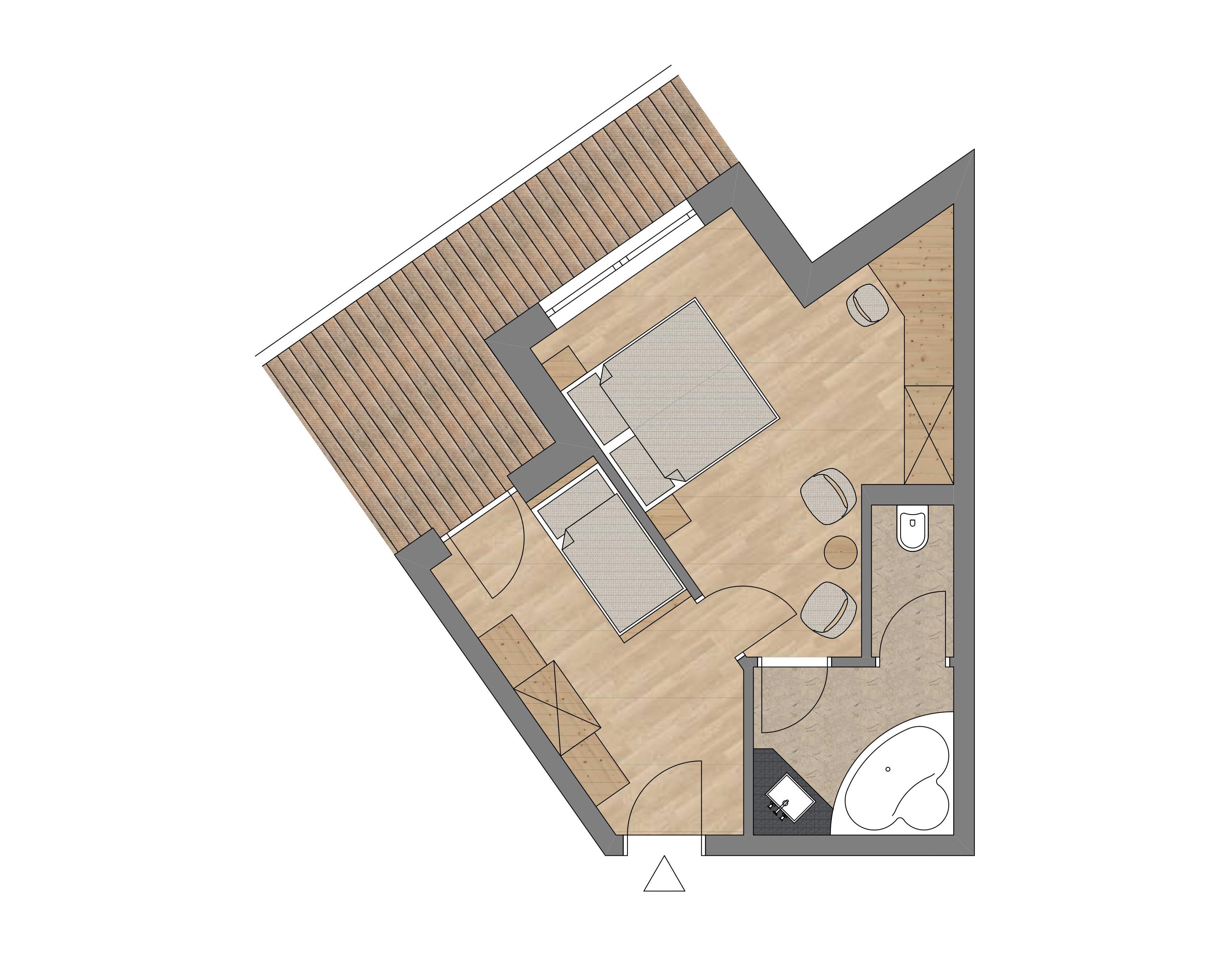 Een plattegrond van een hotelkamer met een houten terras, een ruime woonkamer, een aparte badkamer en een klein buiten zitgedeelte.