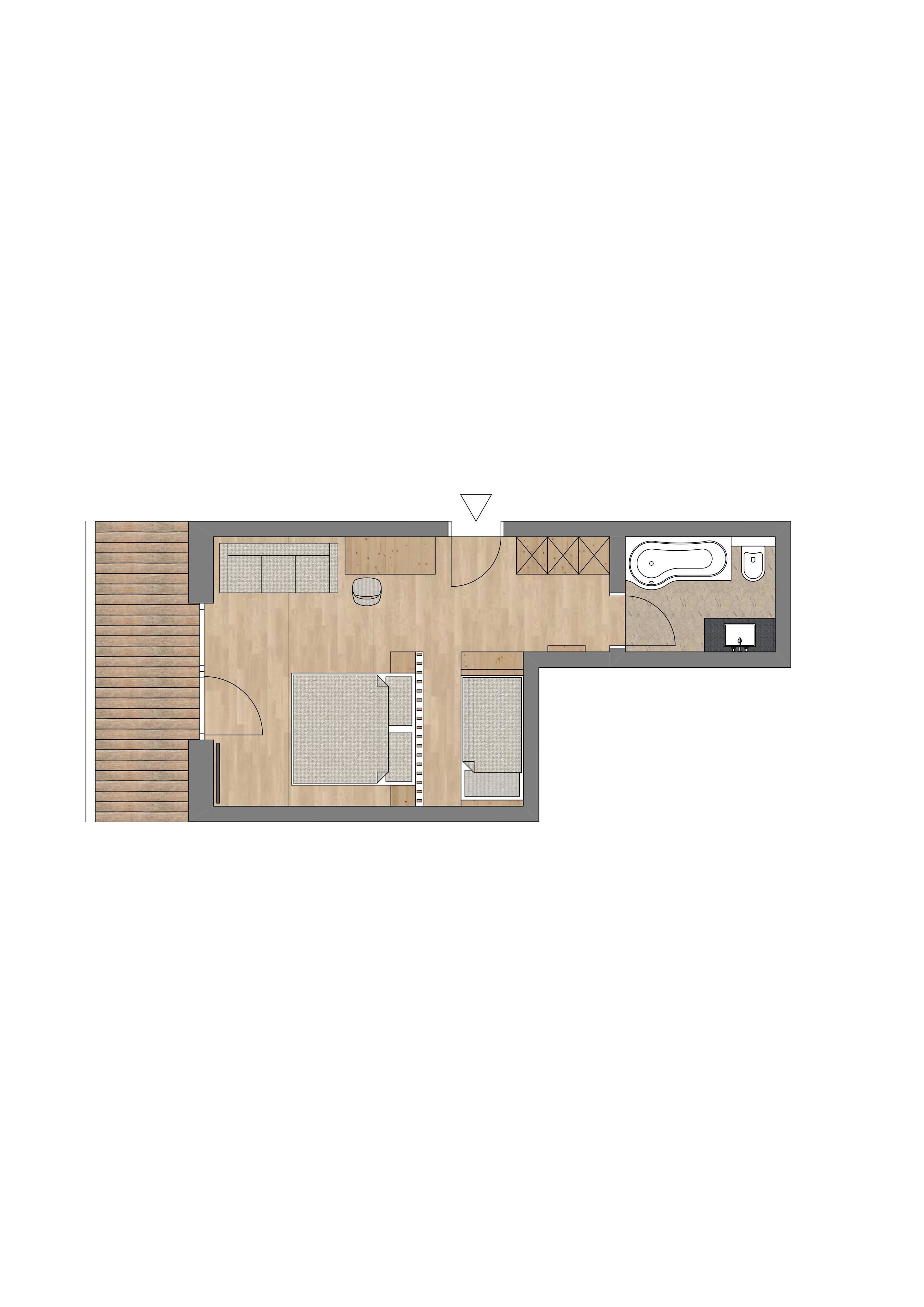 A floor plan of a hotel room with a bed, a small seating area, a bathroom, and a kitchenette.