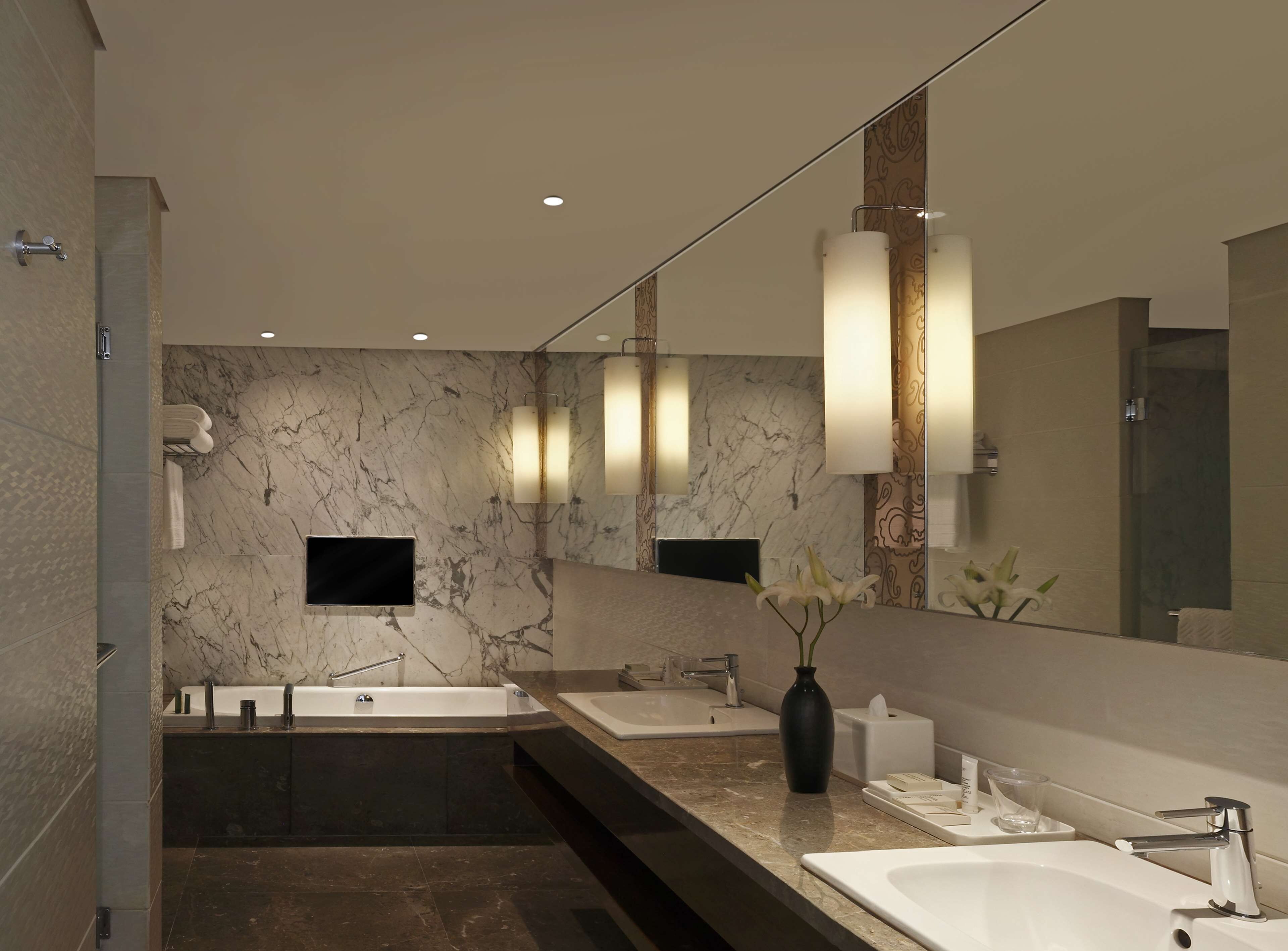 king hilton, executive suite | bathroom | separate bathtub and shower, deep-soaking bathtub, rainfall showerhead