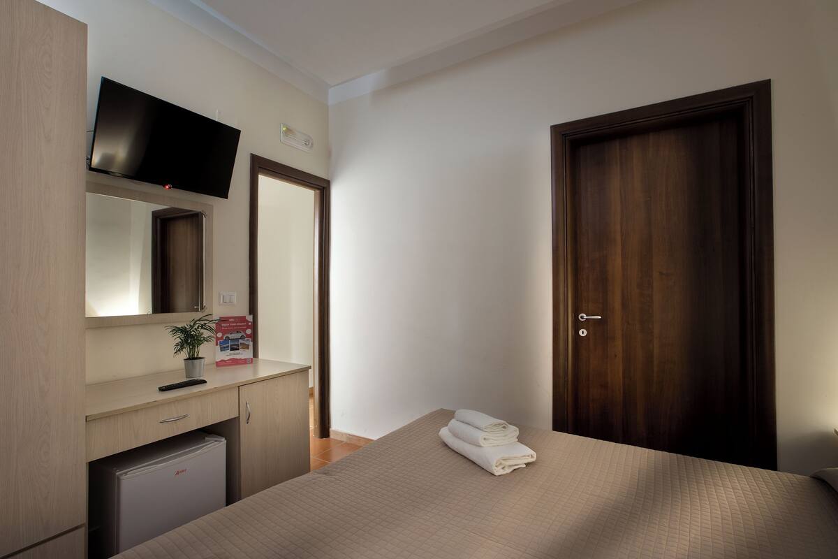 A hotel room with a bed, a small desk with a plant, a TV mounted on the wall, and a wooden door.