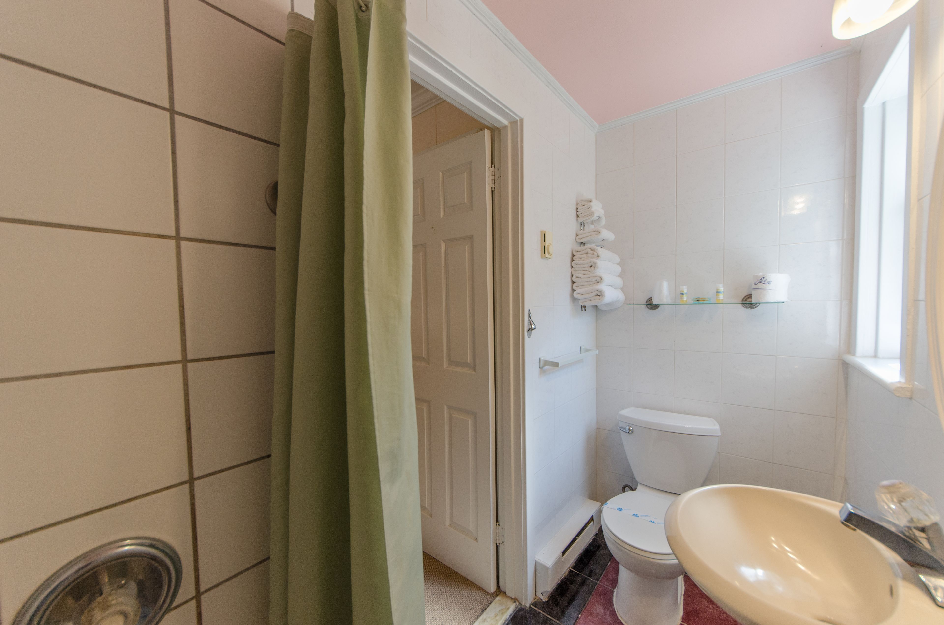 A bathroom with a toilet, sink, and shower curtain.