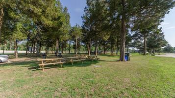 A park with picnic tables and a trash bin.