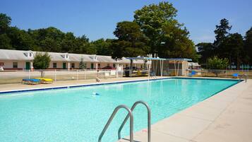Relax by the pool surrounded by lush greenery and comfortable lounge chairs.