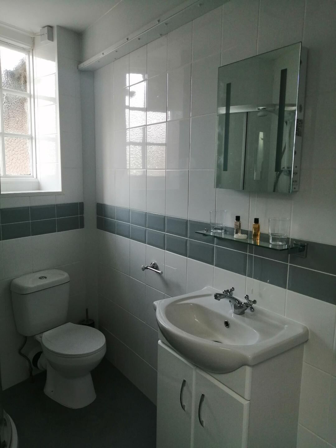 Een badkamer met toilet, wastafel en spiegel.