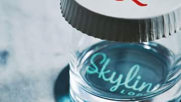 Una botella de vidrio transparente con tapón metálico, etiquetada como "Skyline London".