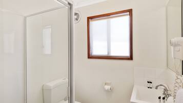 Un bagno con cabina doccia in vetro, un water, un lavabo con articoli da toilette e una finestra con stipite in legno.