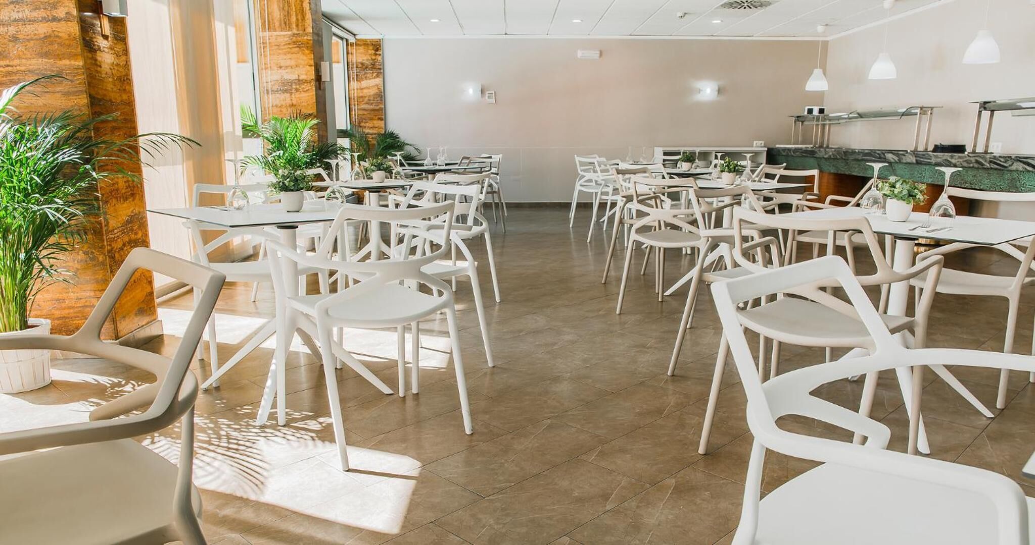 Een moderne eetruimte met witte stoelen en tafels, een houten accentmuur en potplanten.