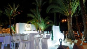 An outdoor dining area with white tables and chairs, palm trees, and a white structure with a logo. - Hotel Safari (Gandia)