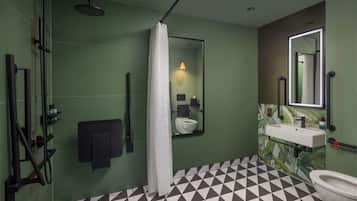 Shower, free toiletries, hair dryer, slippers