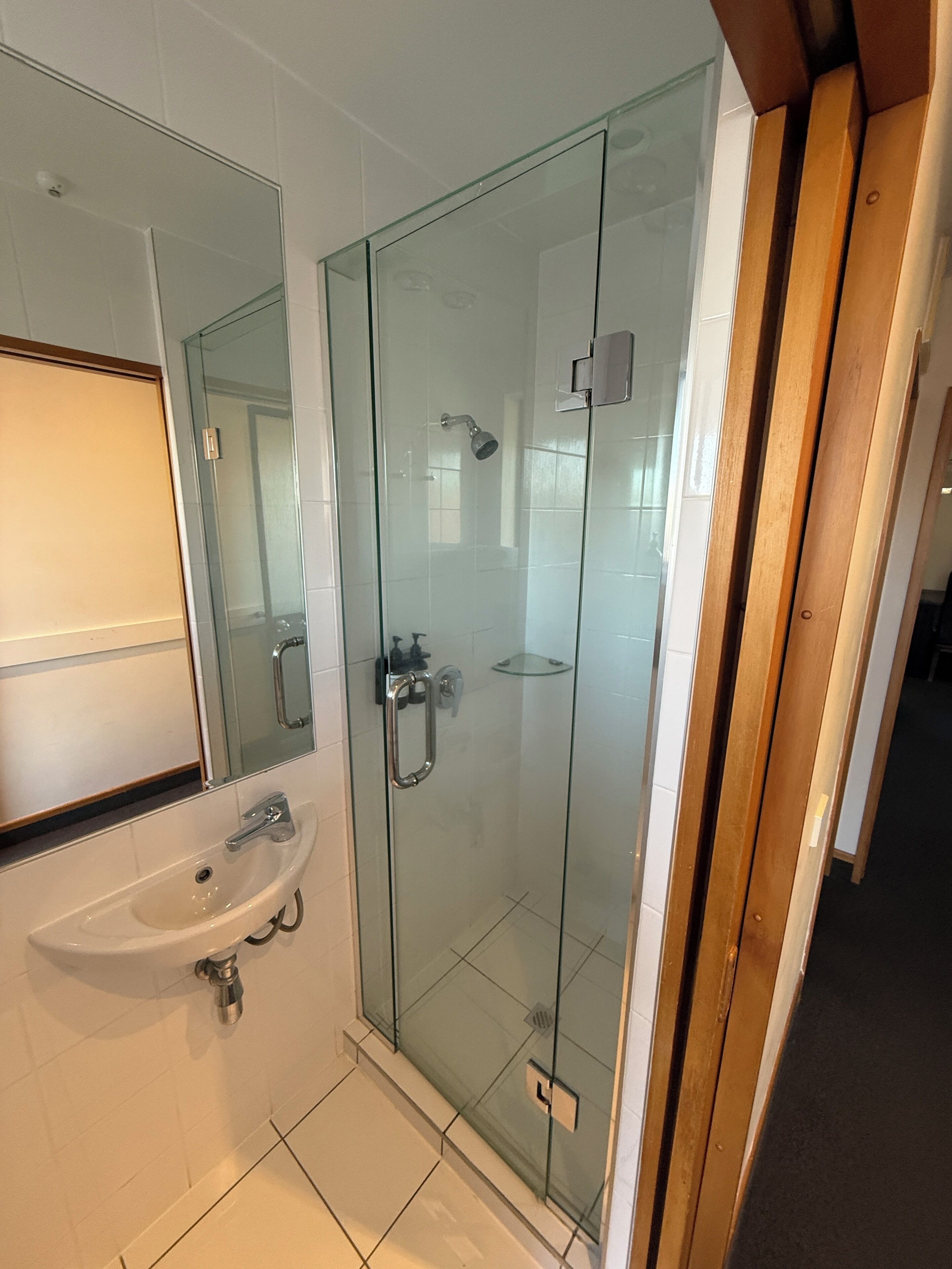 Ein modernes Badezimmer mit einer gläsernen Dusche, einem weißen Waschbecken und einem Spiegel darüber.