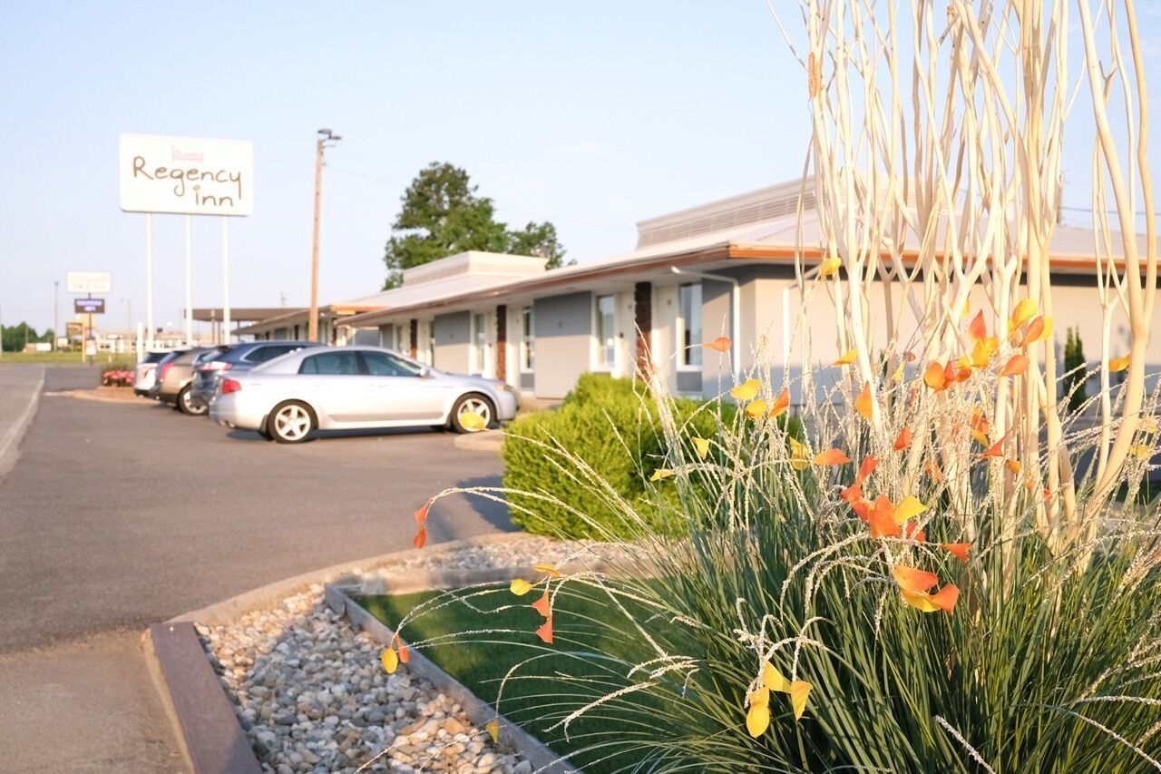 A motel with a sign reading "Regency Inn," featuring a row of single-story buildings with a parking lot in front.