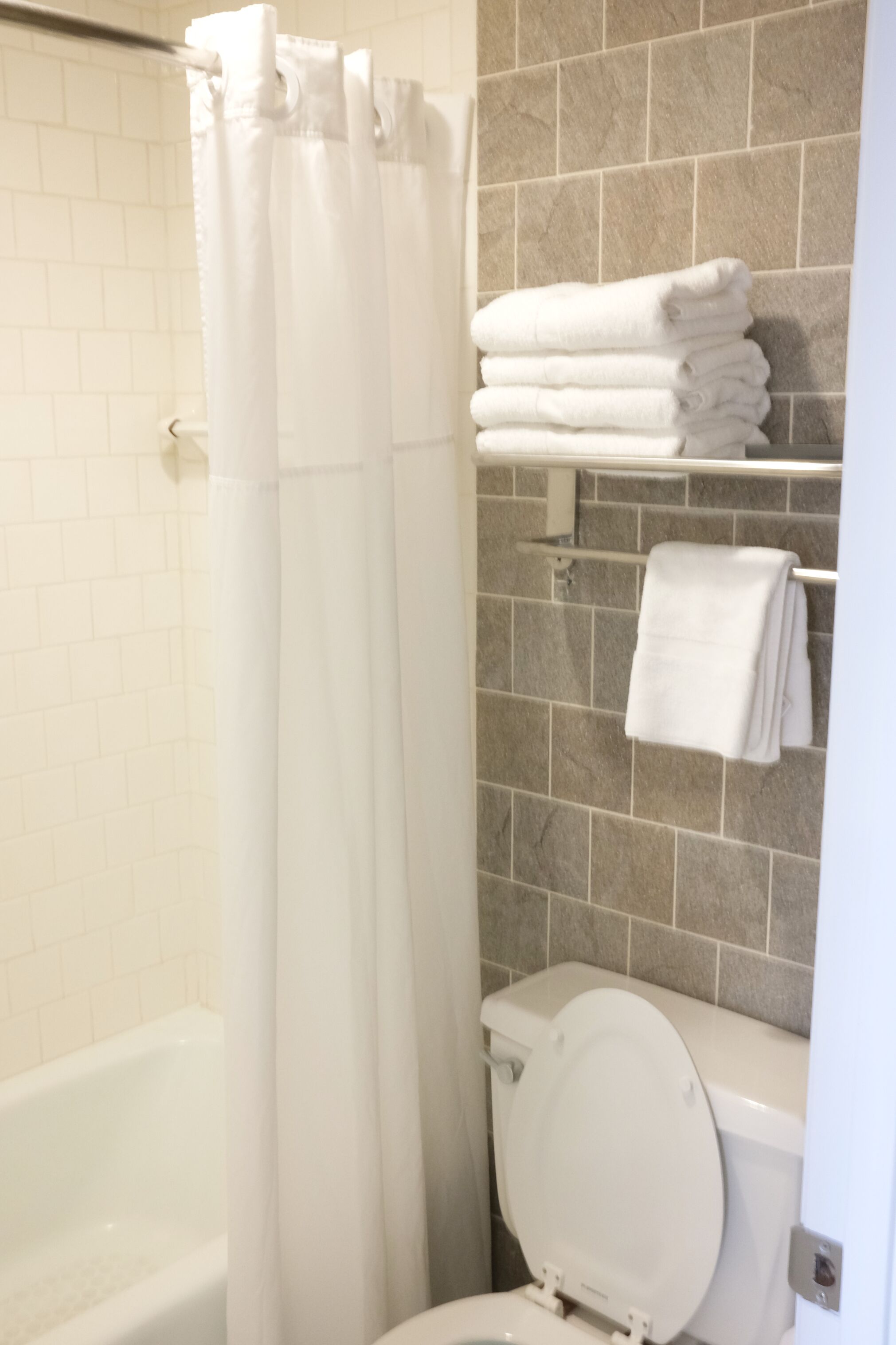 Une salle de bain équipée d’une douche, de toilettes et d’un porte-serviettes.