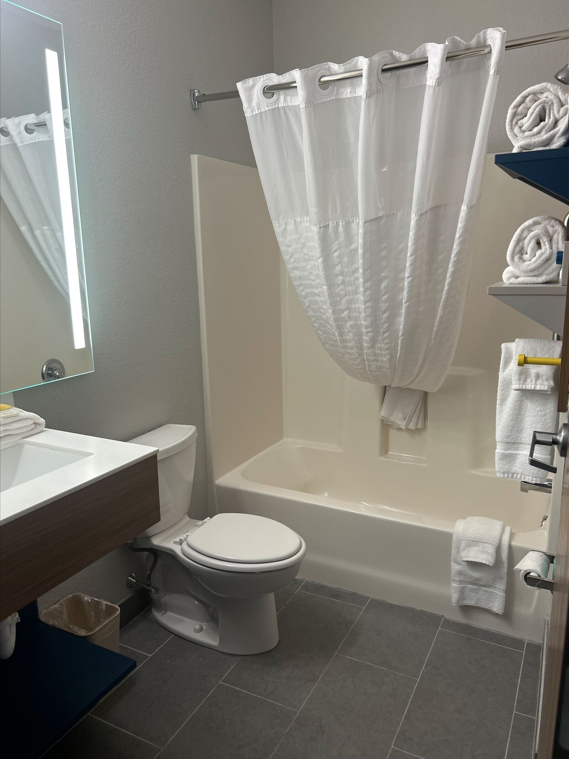 combined shower/bathtub, free toiletries, hair dryer, towels